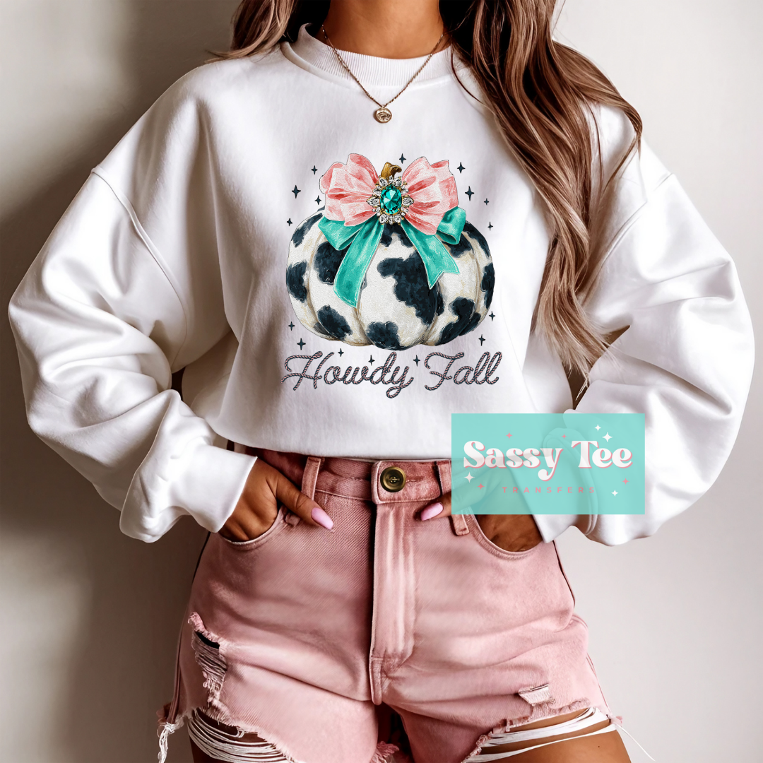 HOWDY FALL COW TURQUOISE PINK BOW **Preorder Ships in 5-10 biz days**