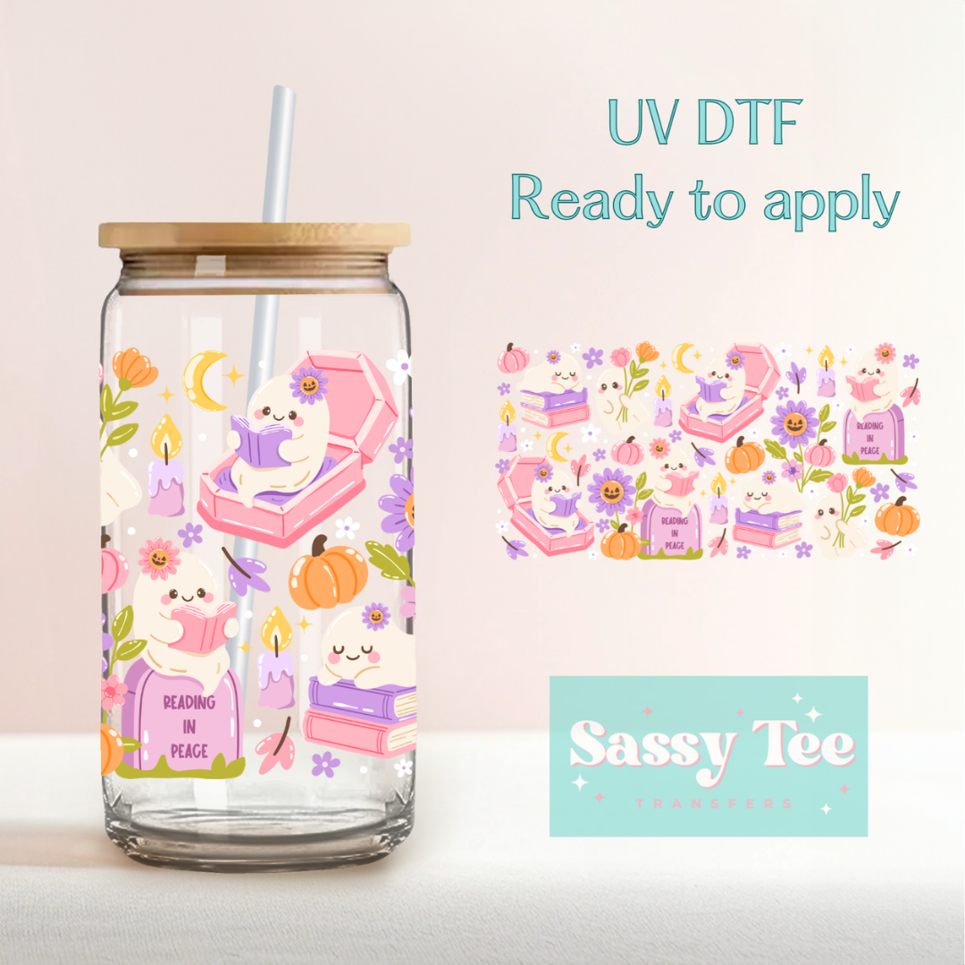 READING IN PEACE PINK PURPLE GHOST *DOUBLE SIDED* UV DTF CUP WRAP **Preorder/Restock Ships in 5-10 biz days**
