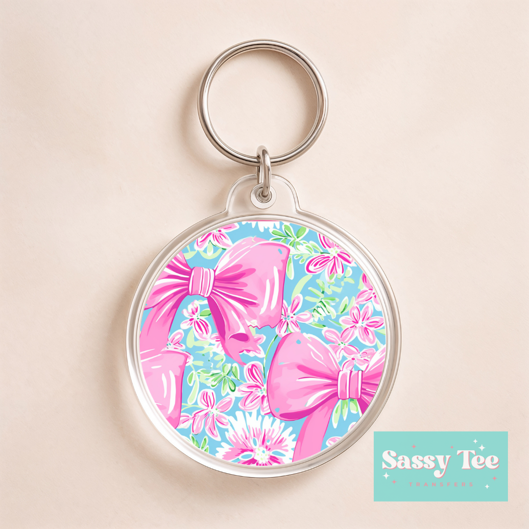 PINK TEAL FLORAL BOWS UV DTF *DOUBLE SIDED* ROUND KEYCHAIN DECAL **Preorder/Restock Ships in 5-10 biz days**