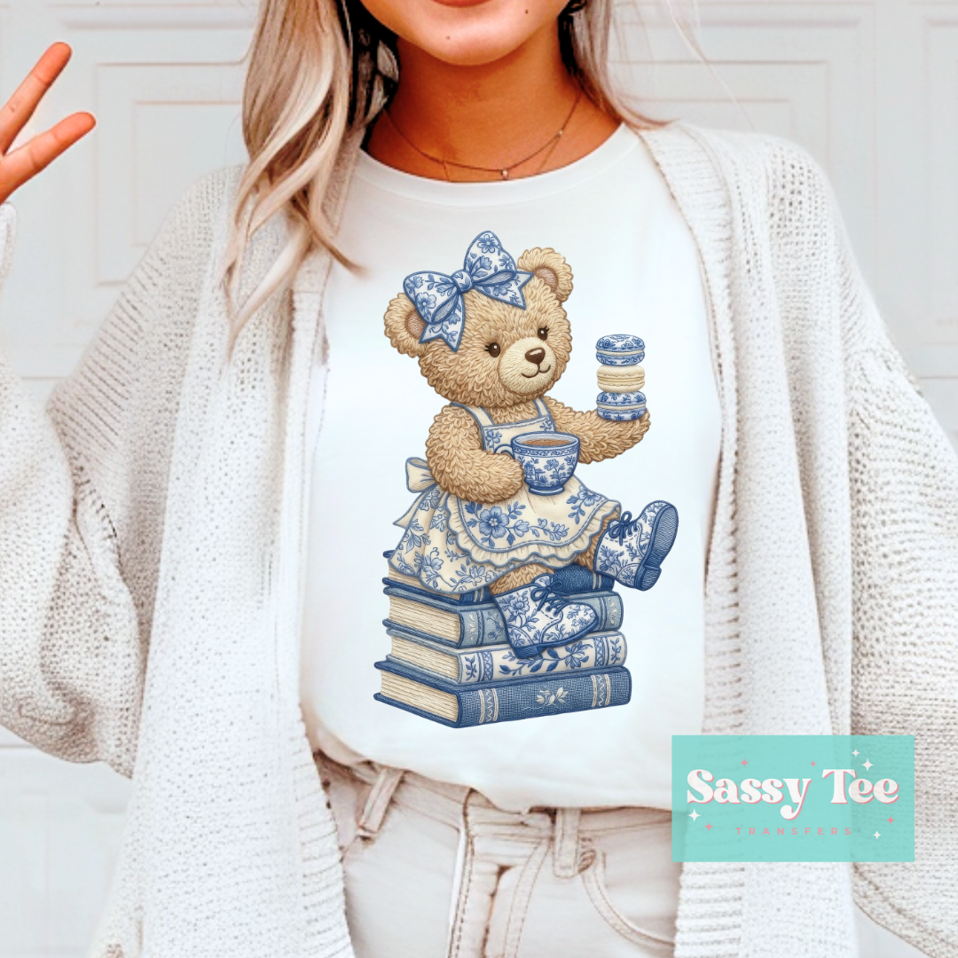 TEDDY BLUE TOILE APRON BOOKS TEA FAUX **Preorder/Restock Ships in 5-10 biz days**