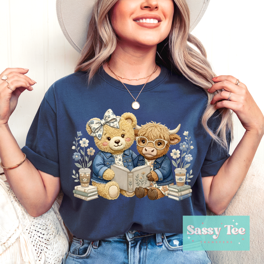 TEDDY HIGHLAND COW BOOK COFFEE BLUE FAUX