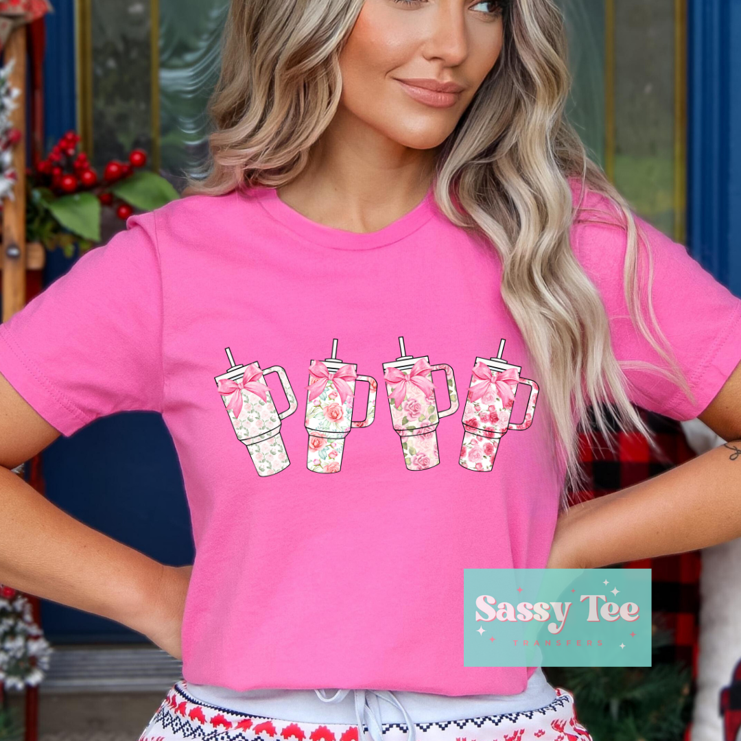 PINK FLORAL ROSE COQUETTE BOW TUMBLERS *Restock, Ships in 5-10 biz days*