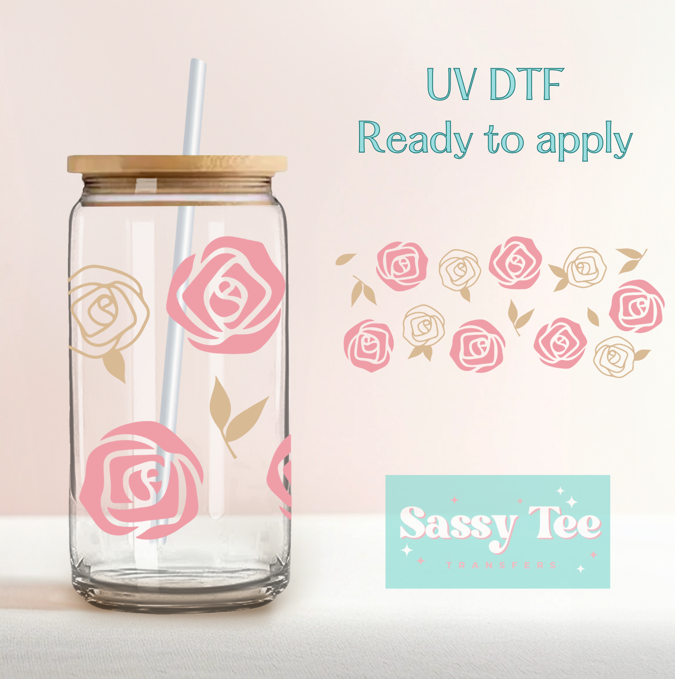 ROSES PINK GOLD UV DTF CUP WRAP