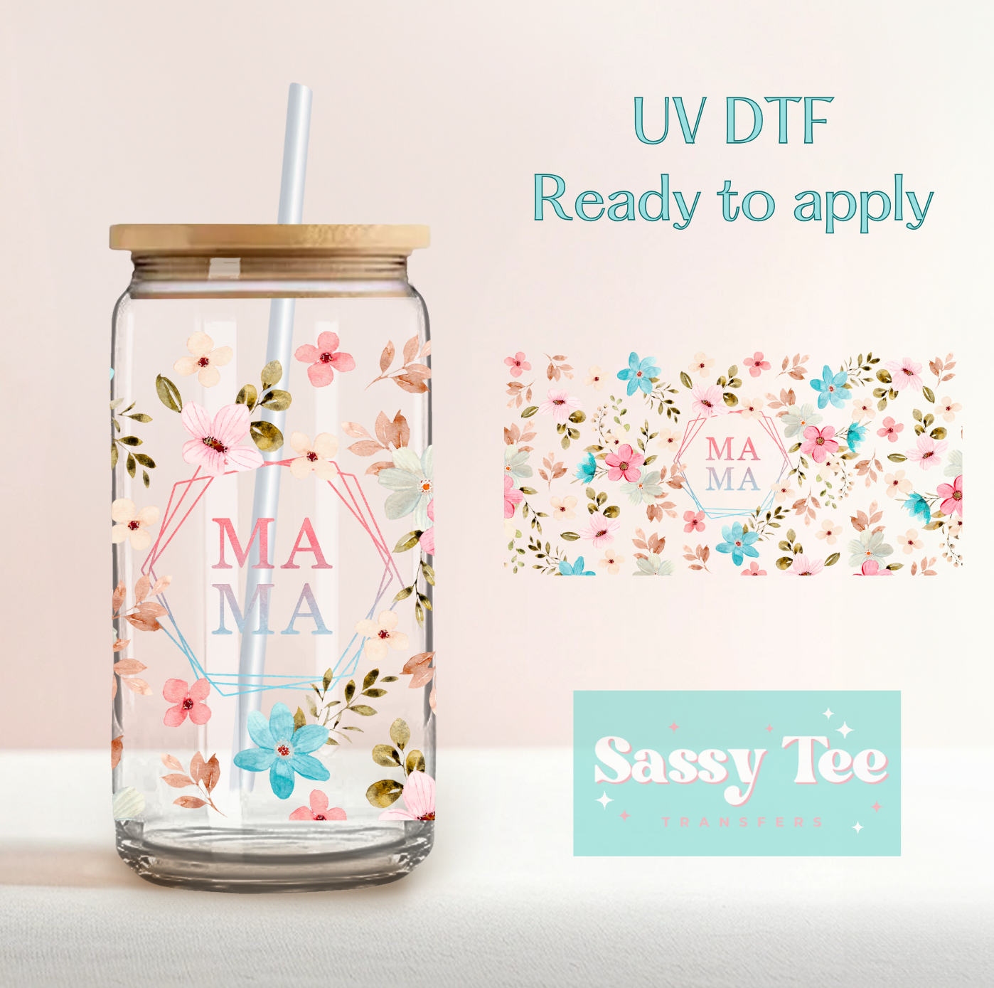 MAMA FLORAL BLUE PINK UV DTF CUP WRAP