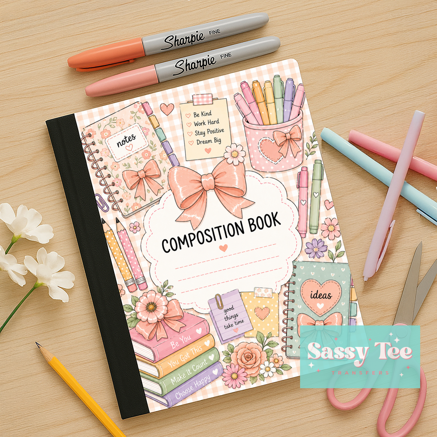 NOTES PEACH PLAID AFFIRMATION BOW Peel + Stick Notebook Cover SET