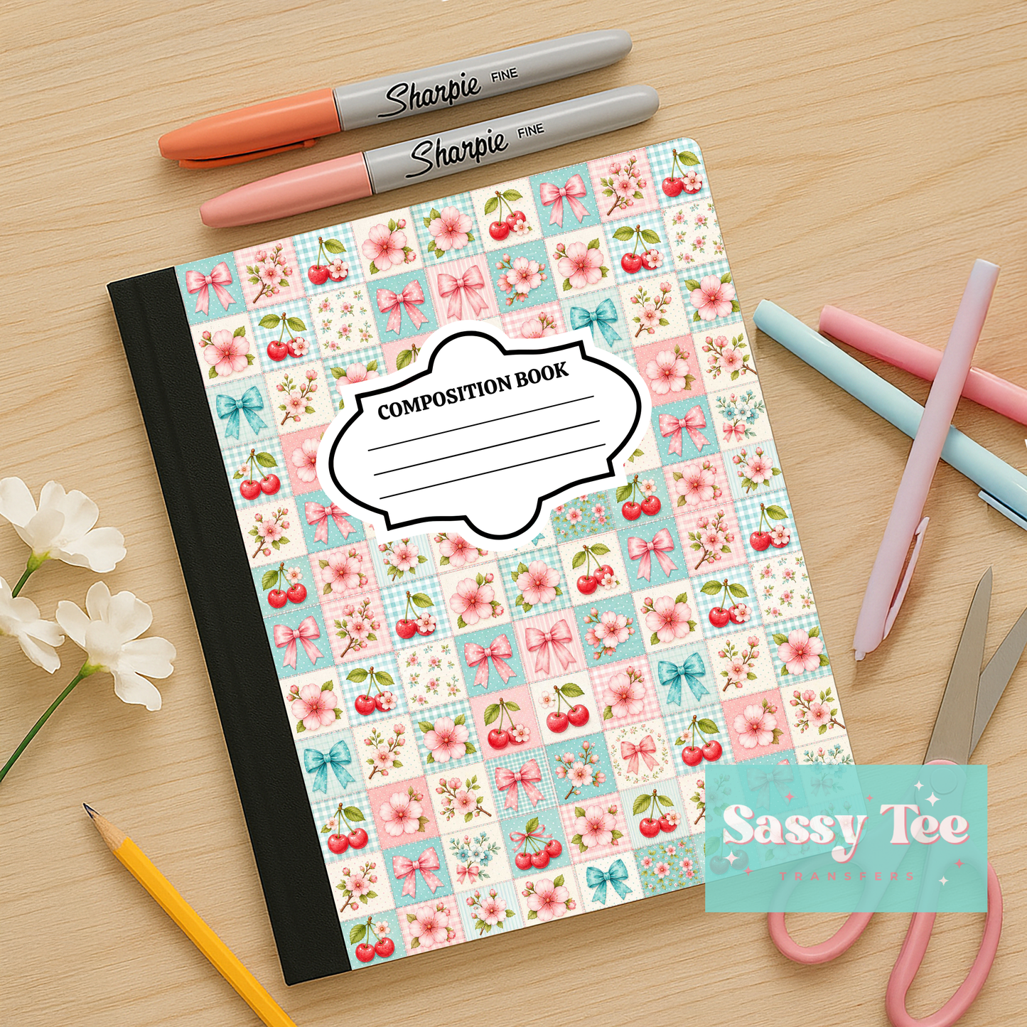 FLORAL CHERRY BOW PINK MINT PLAID Peel + Stick Notebook Cover SET