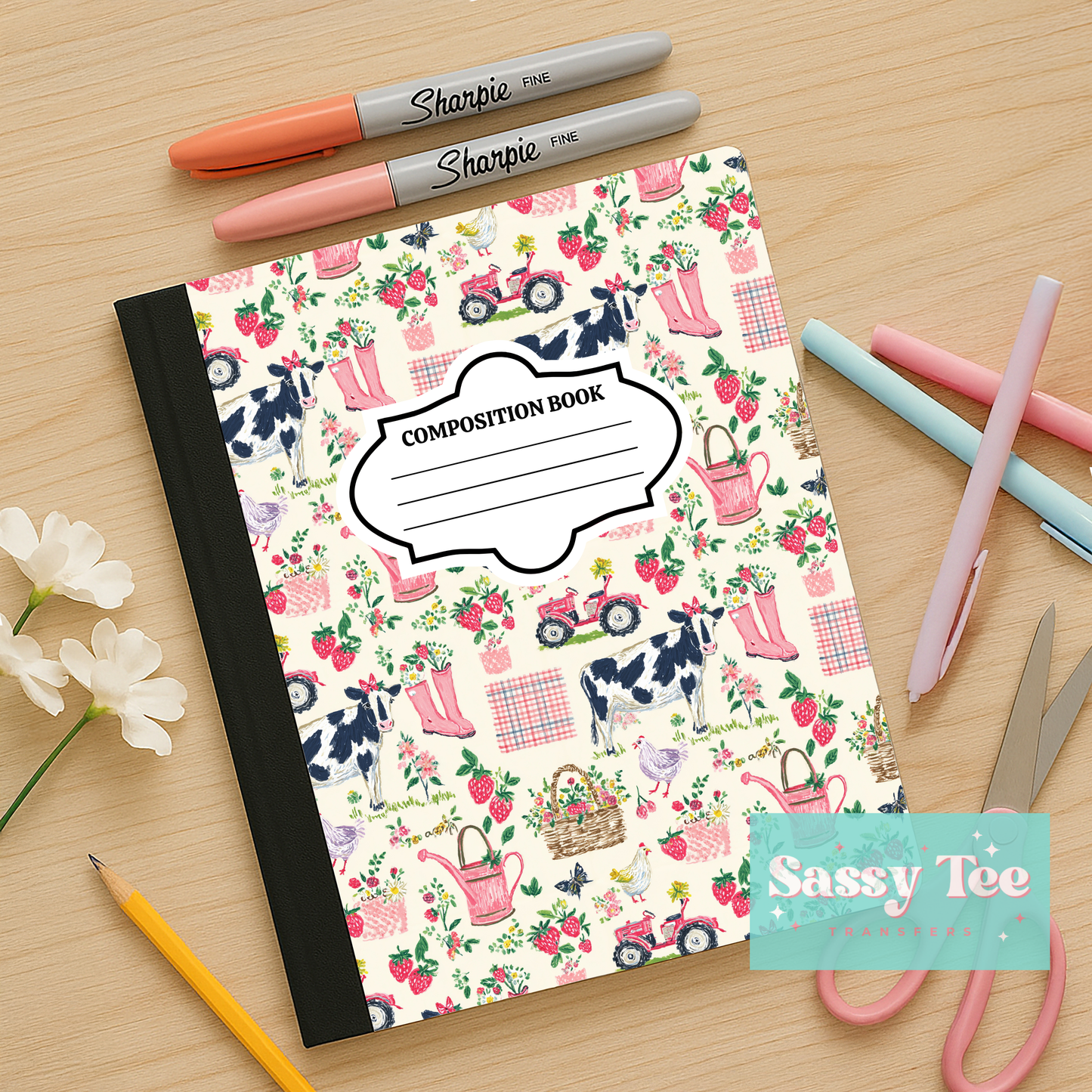 FARM LIFE PINK TRACTOR BASKET Peel + Stick Notebook Cover SET