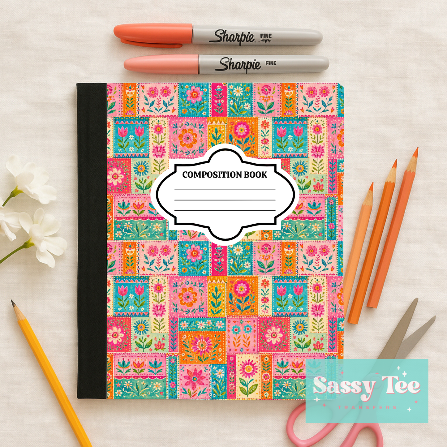 FLORAL RETRO TULIPS PATTERN Peel + Stick Notebook Cover SET