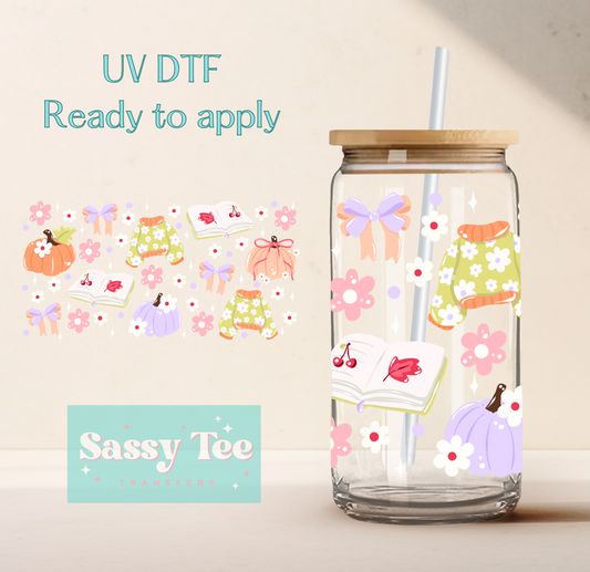 FALL BOOKS PUMPKIN BOWS UV DTF CUP WRAP