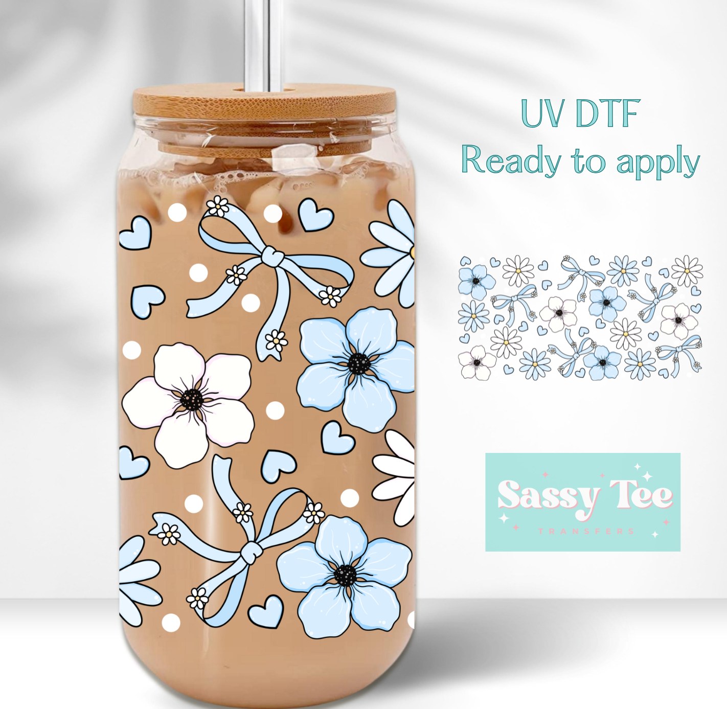 BLUE FLOWER BOW UV DTF CUP WRAP