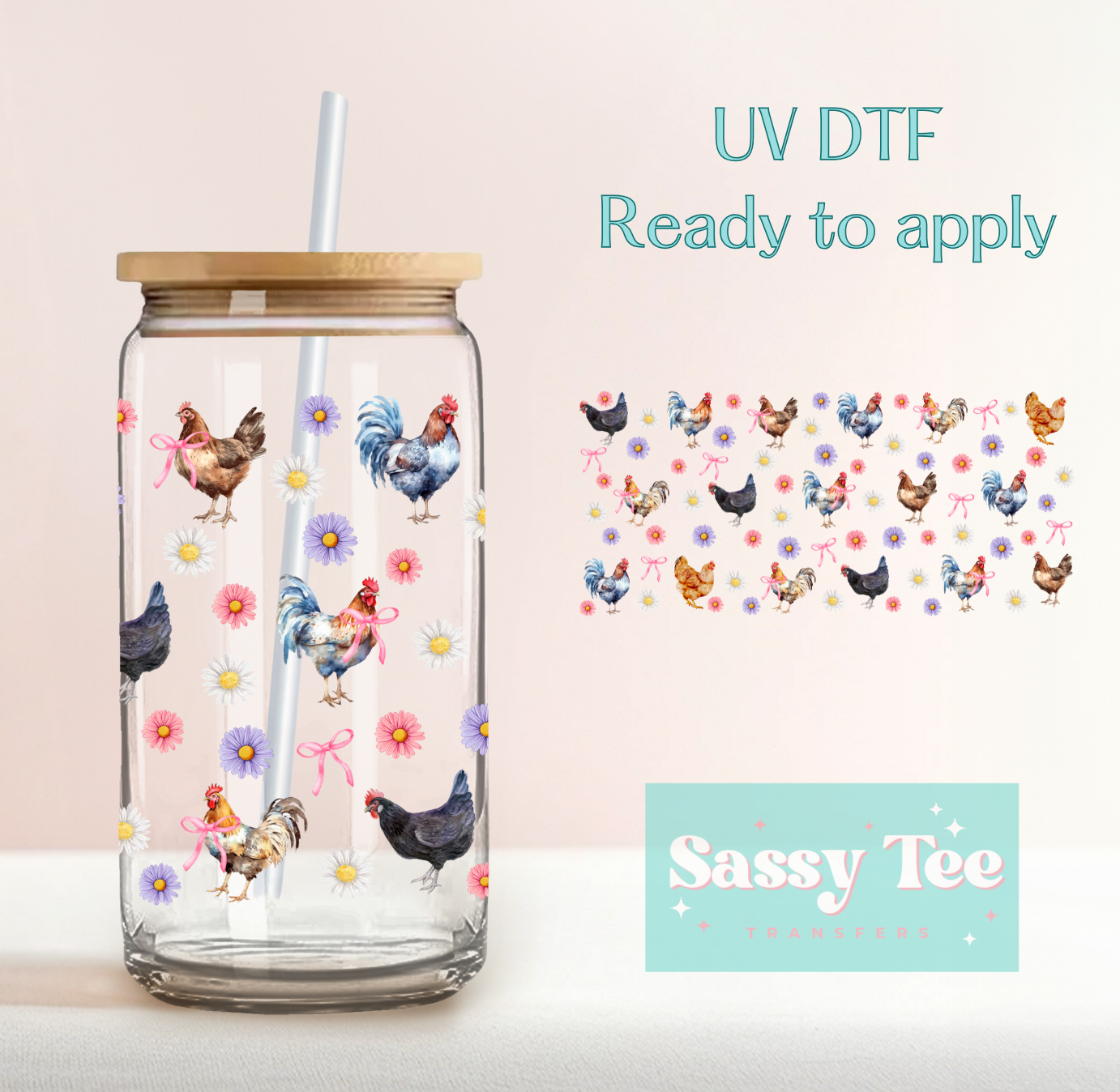 CHICKENS FLORAL COQUETTE BOWS UV DTF CUP WRAP