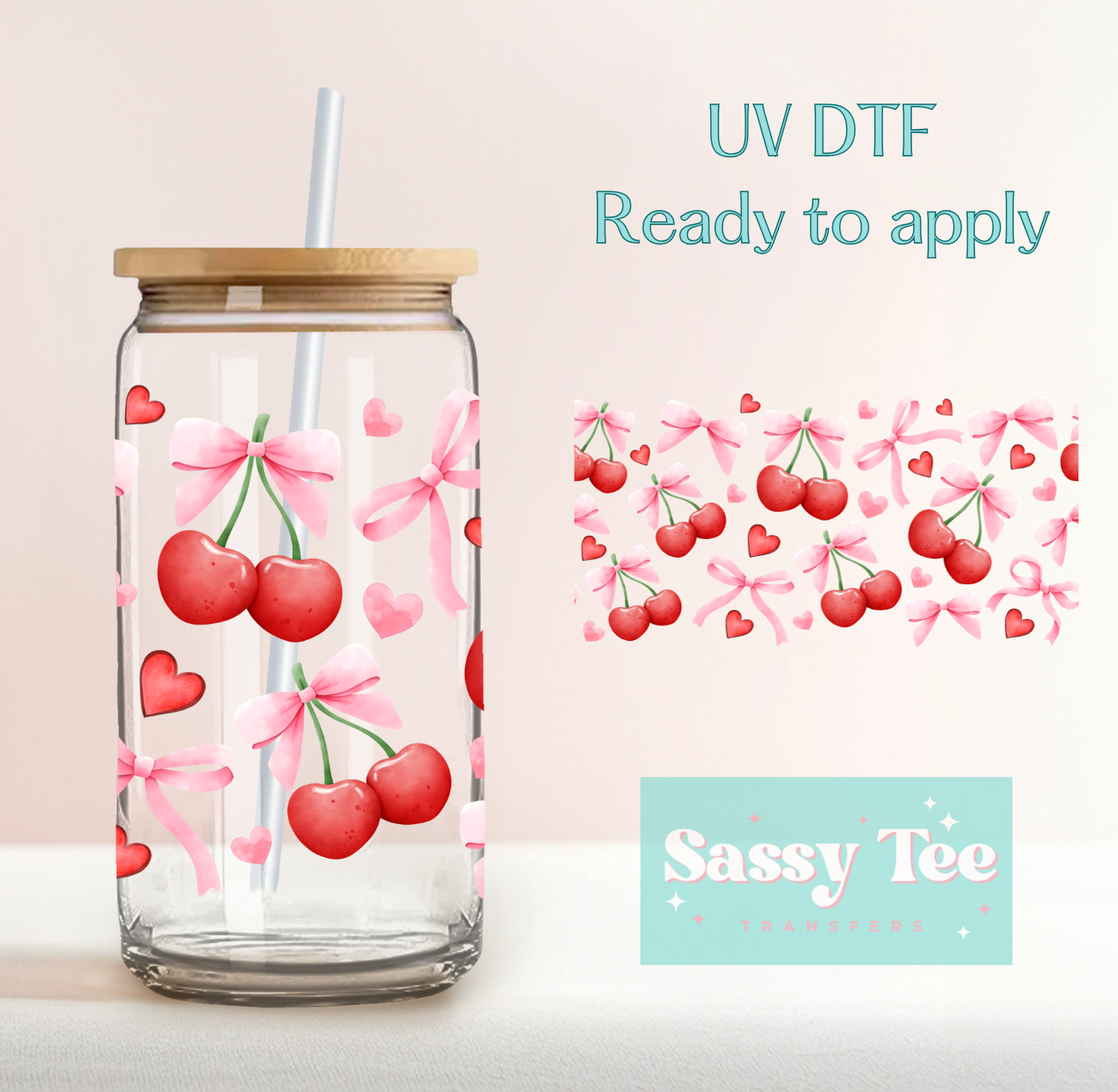 CHERRY COQUETTE PINK BOW UV DTF CUP WRAP