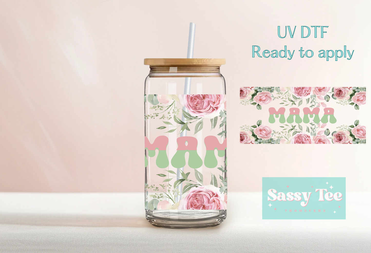 MAMA FLORAL PINK GREEN UV DTF CUP WRAP