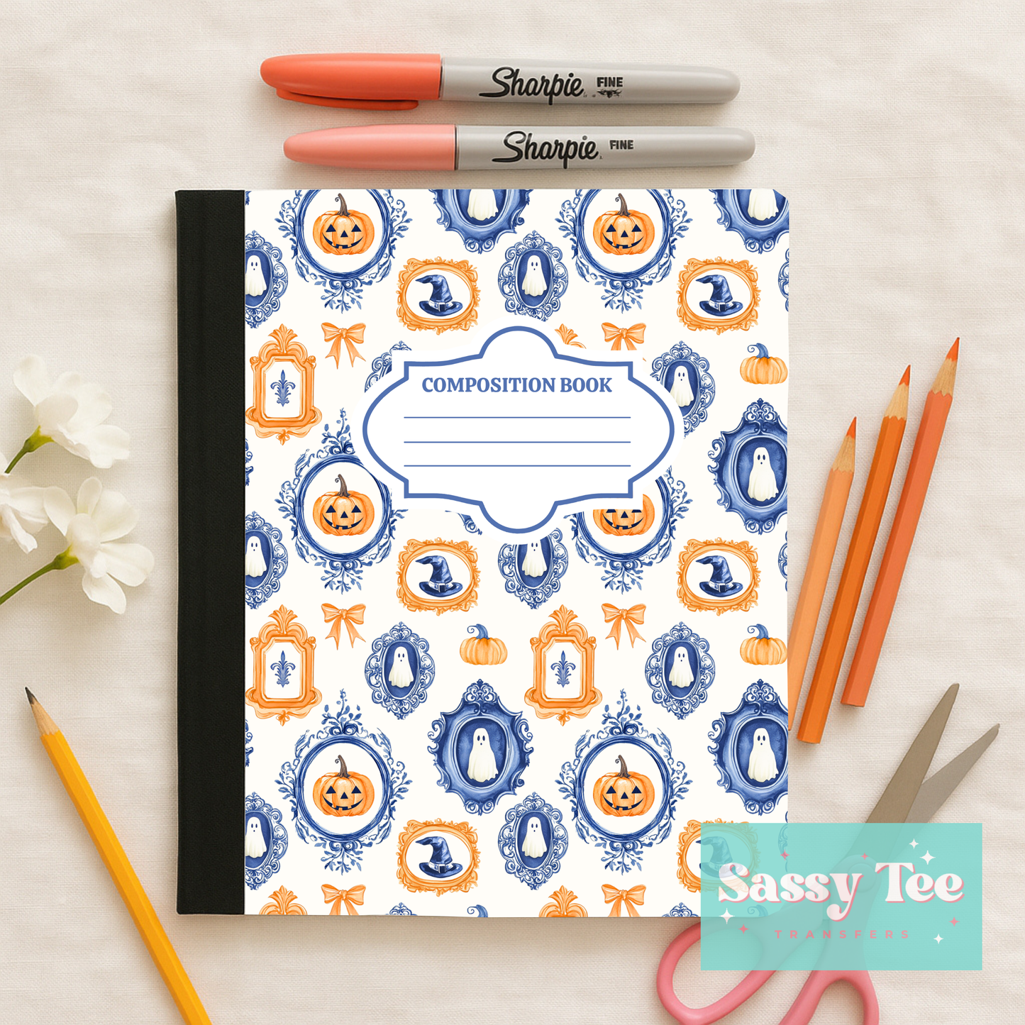 HALLOWEEN FRAMES BLUE ORANGE BOWS Peel + Stick Notebook Cover SET