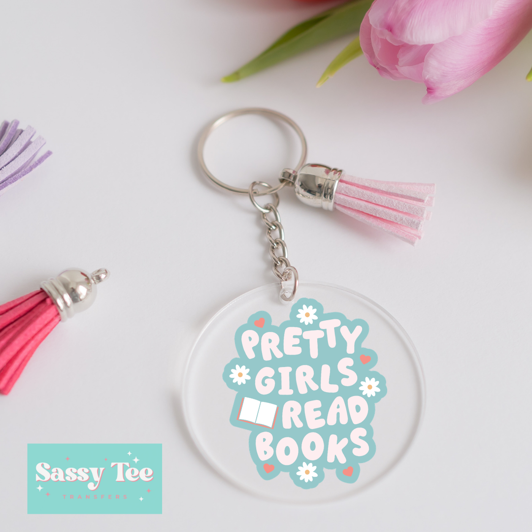 PRETTY GIRLS READ BOOKS PINK BLUE UV DTF *DOUBLE SIDED* ROUND KEYCHAIN DECAL **Preorder/Restock Ships in 5-10 biz days**