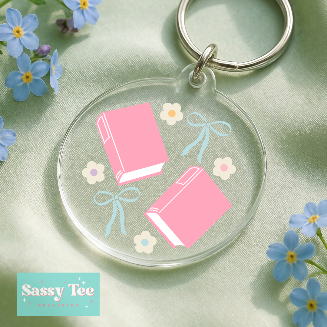 BOOKISH COQUETTE PINK BLUE UV DTF *DOUBLE SIDED* ROUND KEYCHAIN DECAL **Preorder/Restock Ships in 5-10 biz days**