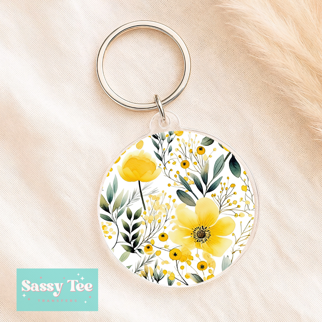 YELLOW FLORAL UV DTF Round Keychain Decal **Preorder/Restock Ships in 5-10 biz days**