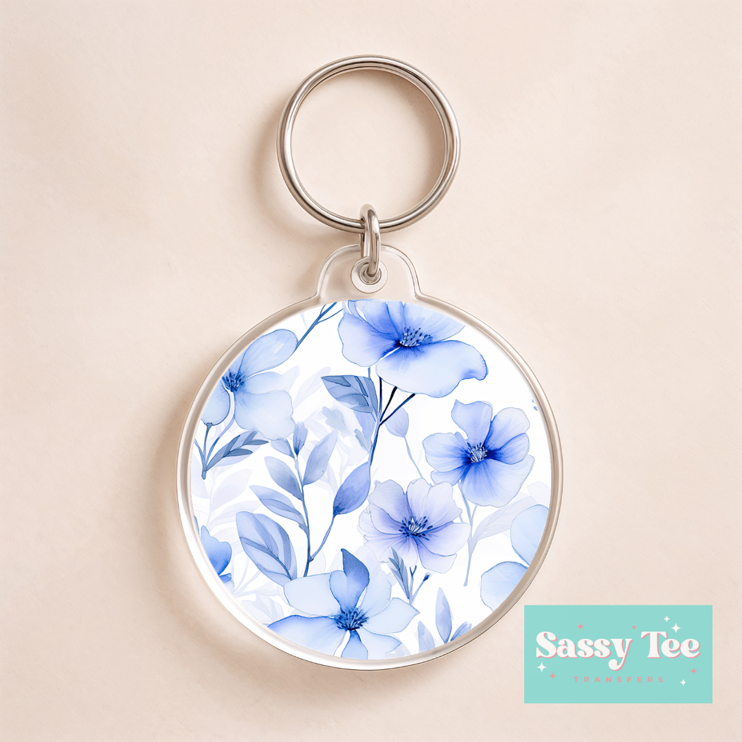 BLUE FLORAL UV DTF Round Keychain Decal **Preorder/Restock Ships in 5-10 biz days**