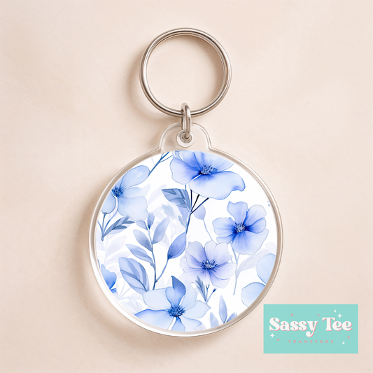BLUE FLORAL UV DTF Round Keychain Decal **Preorder/Restock Ships in 5-10 biz days**