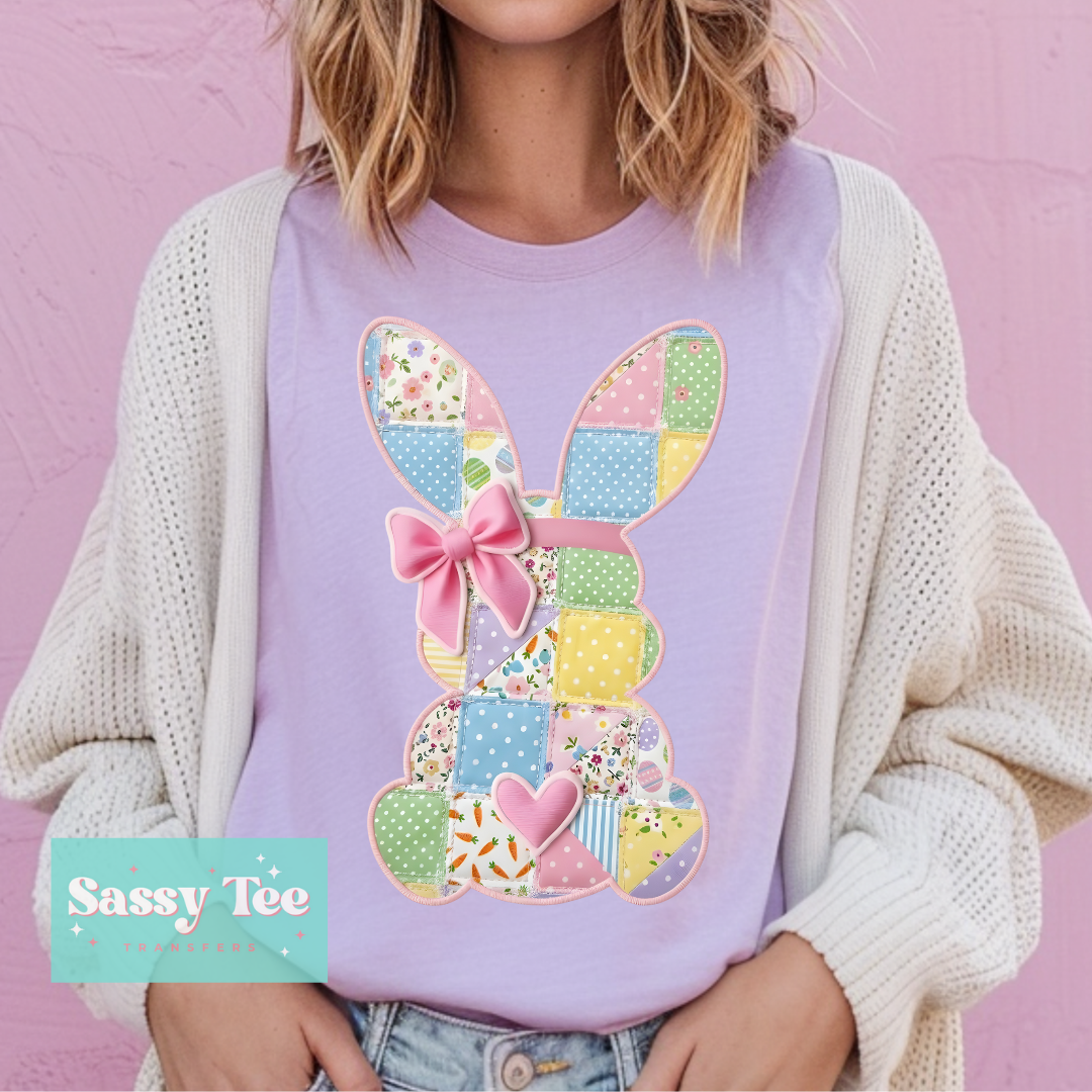 EASTER BUNNY FAUX PATCHWORK PINK BOW **Preorder/Restock Ships in 5-10 biz days**