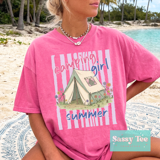 CAMPING GIRL SUMMER TENT PREPPY STRIPES **Preorder/Restock Ships in 5-10 biz days**