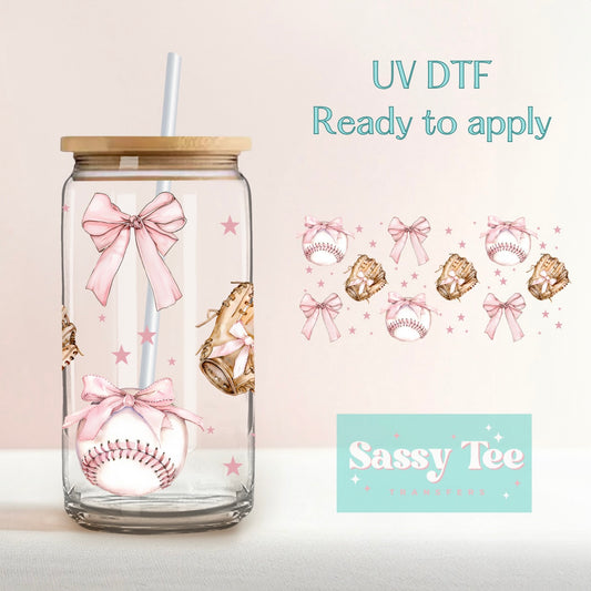 BASEBALL PINK BOW COQUETTE UV DTF CUP WRAP **Preorder/Restock Ships in 5-10 biz days**