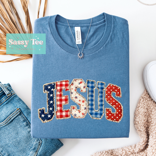 JESUS USA RED WHITE BLUE PATCHWORK **Preorder/Restock Ships in 5-10 biz days**
