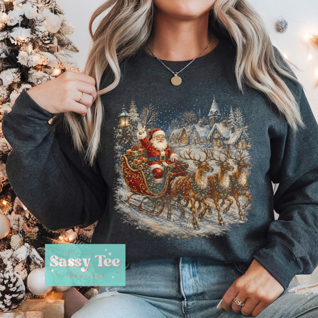 SNOWY SANTA SLEIGH REINDEER For Darker Colors **Preorder/Restock Ships in 5-10 biz days**