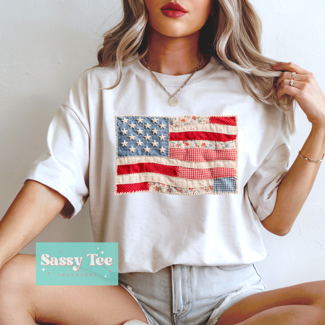 AMERICAN FLAG FLORAL FAUX PATCHWORK **Preorder/Restock Ships in 5-10 biz days**