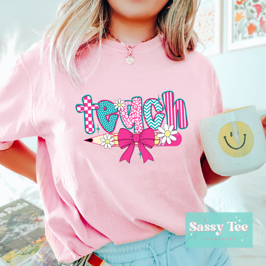 TEACH BRIGHT PINK PENCIL BOW **Preorder Ships in 5-10 biz days**