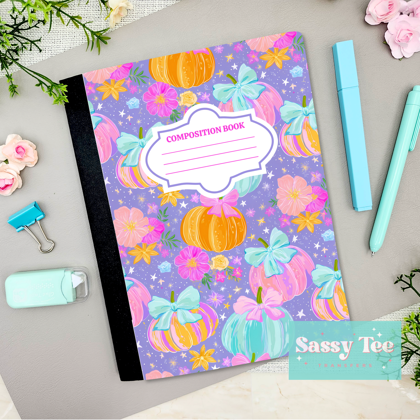 PUMPKINS FLOWERS PURPLE MINT PINK BOWS Peel + Stick Notebook Cover SET