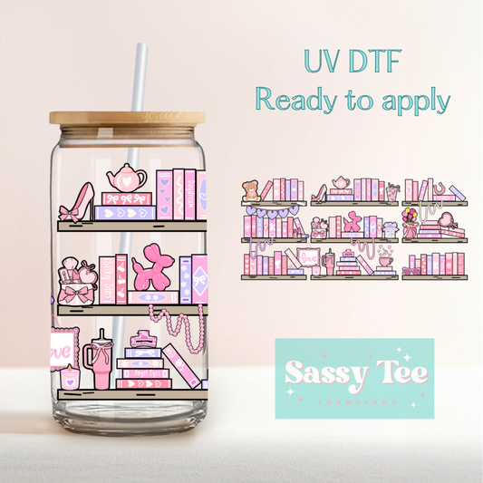 PINK BOOKISH GIRL BOOKSHELF *DOUBLE SIDED* UV DTF CUP WRAP **Preorder/Restock Ships in 5-10 biz days**