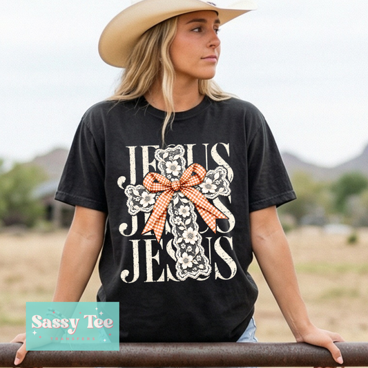 JESUS LACE CROSS PLAID BOW **Preorder/Restock Ships in 5-10 biz days**