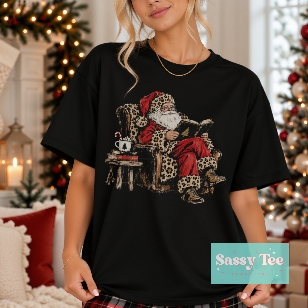 SANTA READING BOOK LEOPARD RED For Darker Colors **Preorder/Restock Ships in 5-10 biz days** •