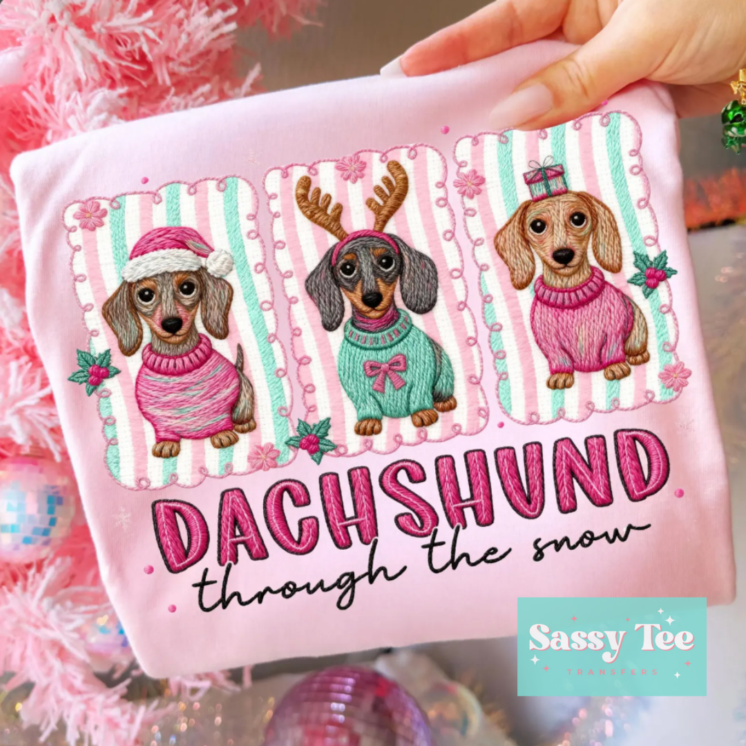 DACHSUND THROUGH THE SNOW PINK MINT FAUX EMBROIDER **Preorder/Restock Ships in 5-10 biz days**