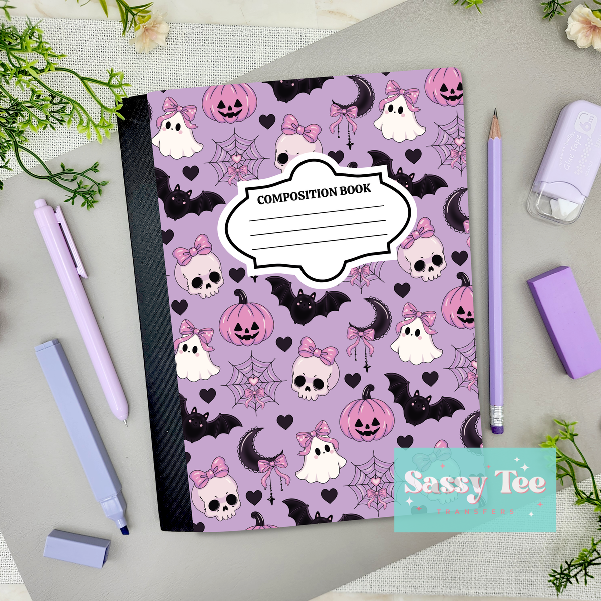 PURPLE SPOOKY CUTE SKULL PINK PUMPKIN WEBS Peel + Stick Notebook Cover SET