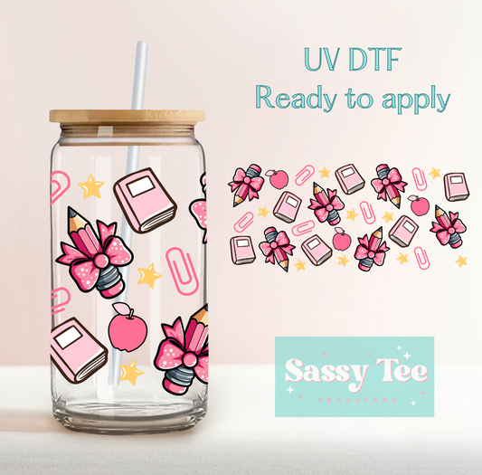 TEACH BOOKS PENCIL PINK BOWS UV DTF CUP WRAP *Preorder, Ships in 5-9 biz days*