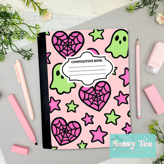 PINK GREEN BRIGHT SPOOKY GHOST HEART WEBS Peel + Stick Notebook Cover SET
