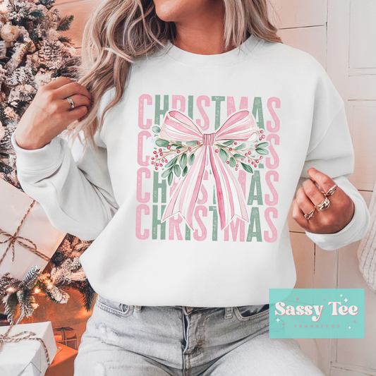 CHRISTMAS BOW MISTLETOE PINK DISTRESSED **Preorder/Restock Ships in Est. 5-10 biz days**