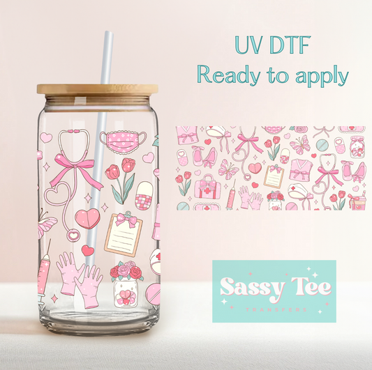 NURSE PINK FLOWERS UV DTF CUP WRAP