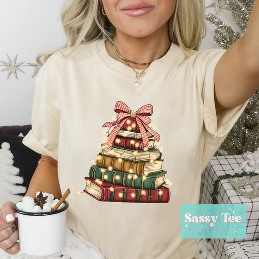 CHRISTMAS BOOK TREE LIGHTS PLAID BOW **Preorder/Restock Ships in 5-10 biz days**