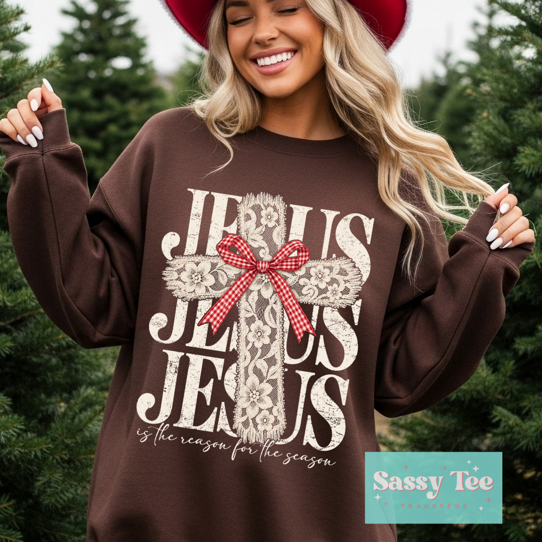 JESUS THE REASON LACE CROSS CHRISTMAS BOW **Preorder/Restock Ships in 5-10 biz days**