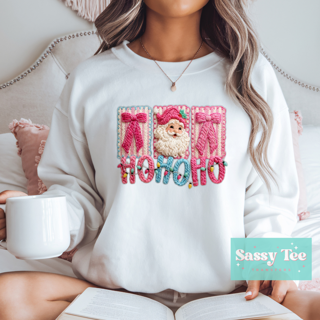 HO HO HO SANTA PINK BOWS FAUX YARN **Preorder/Restock Ships in 5-10 biz days**