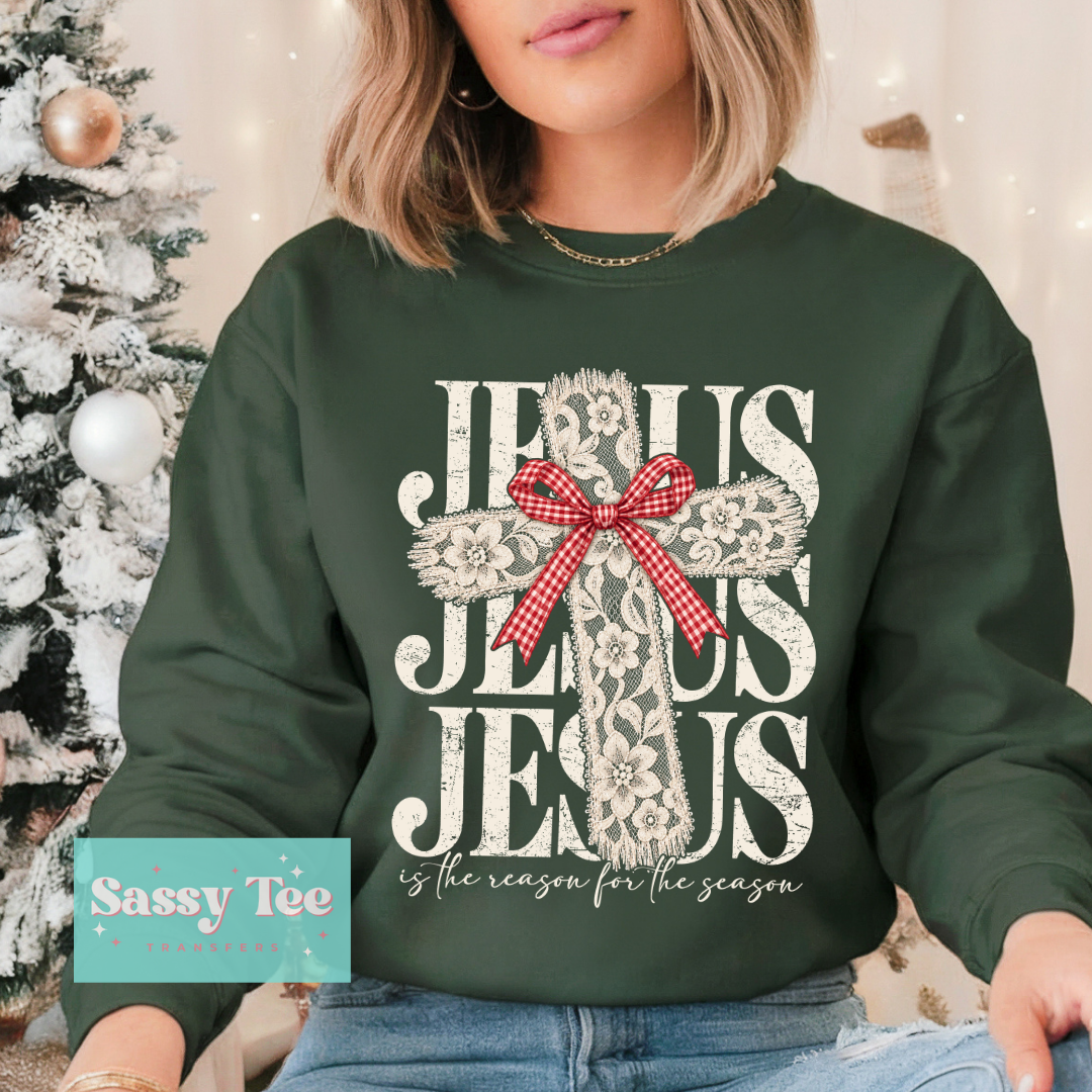JESUS THE REASON LACE CROSS CHRISTMAS BOW **Preorder/Restock Ships in 5-10 biz days**