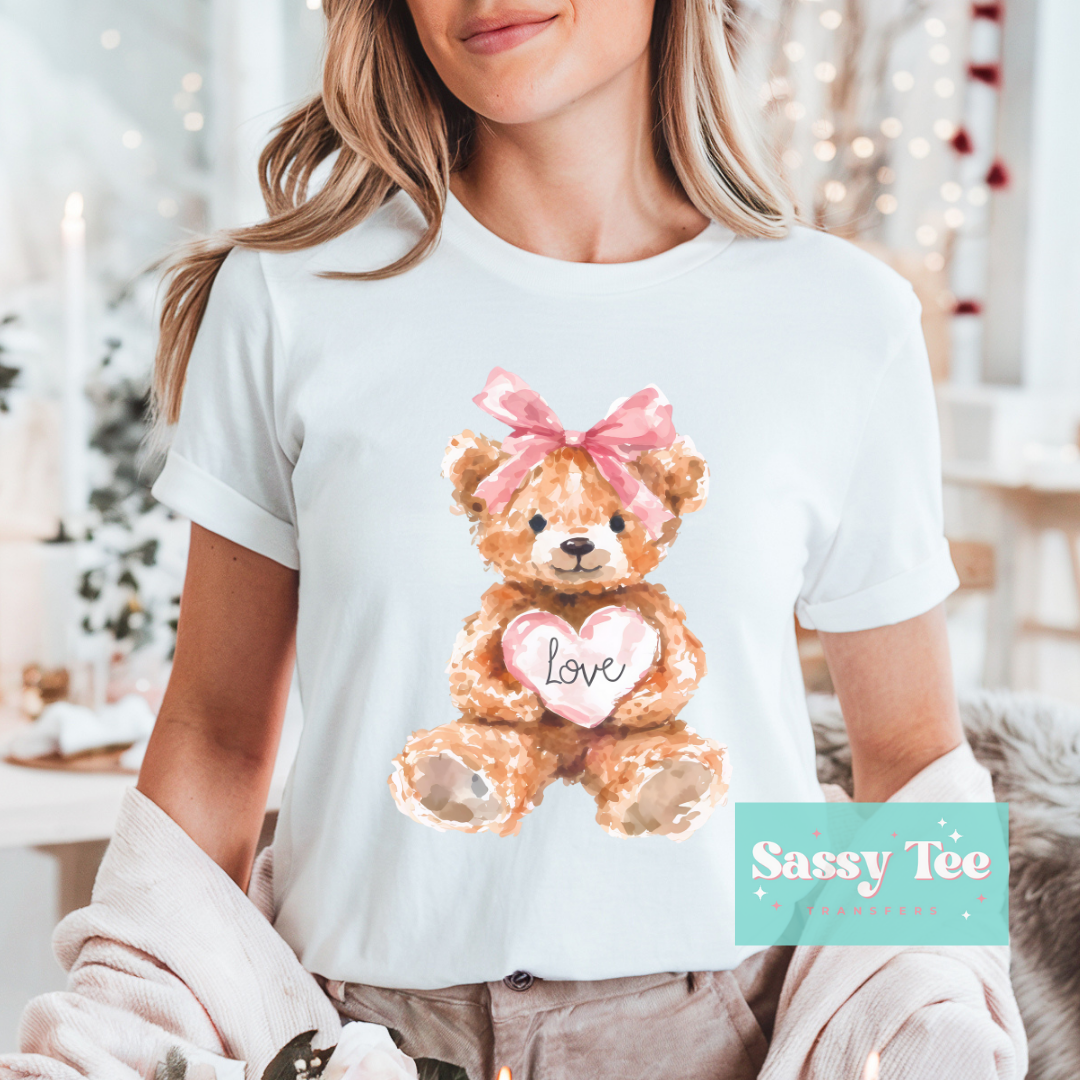 LOVE TEDDY PINK BOW  WATERCOLOR **Preorder/Restock Ships in 5-10 biz days**