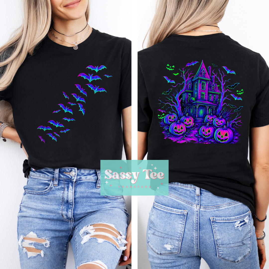 HAUNTED HOUSE BATS BRIGHT COLORS DARK Front + Back Options **Preorder/Restock Ships in 5-10 biz days**