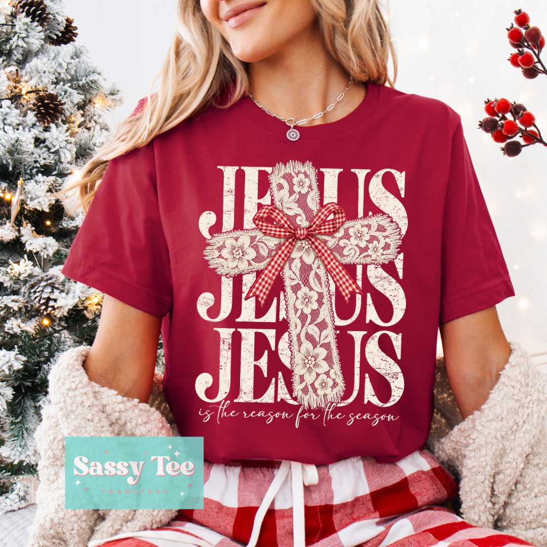 JESUS THE REASON LACE CROSS CHRISTMAS BOW **Preorder/Restock Ships in 5-10 biz days**