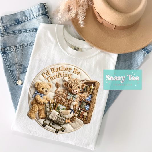 I'D RATHER BE THRIFTING TEDDY GOOSE HIGHLAND COW **Preorder/Restock Ships in 5-10 biz days**