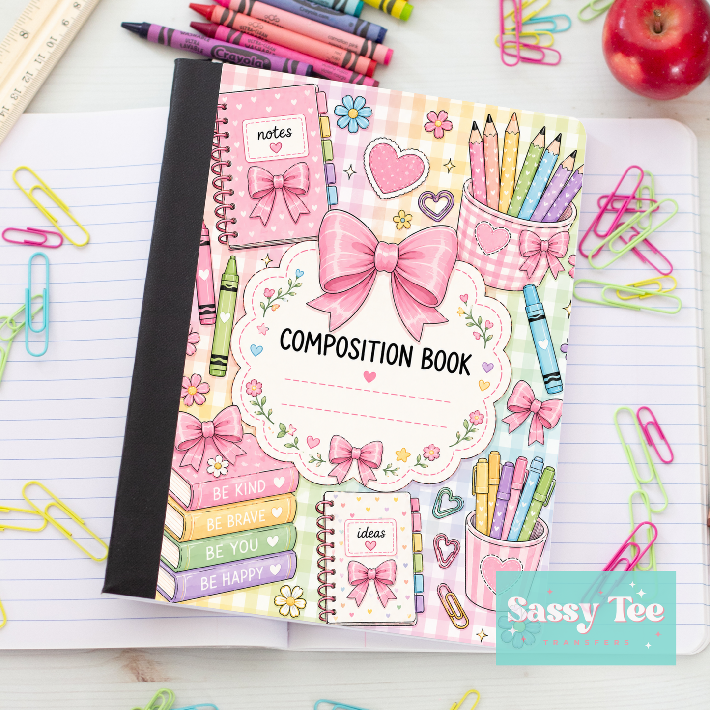 NOTES PASTEL PLAID AFFIRMATION PINK BOW Peel + Stick Notebook Cover SET