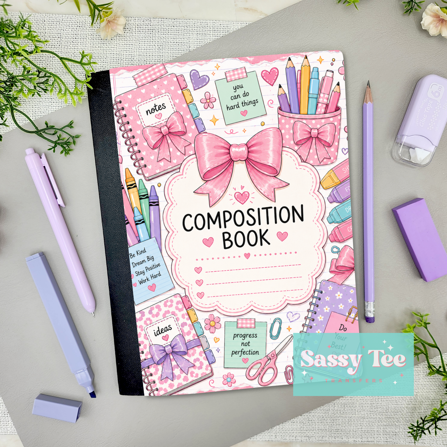 NOTES PINK CRAYONS AFFIRMATION BOW Peel + Stick Notebook Cover SET